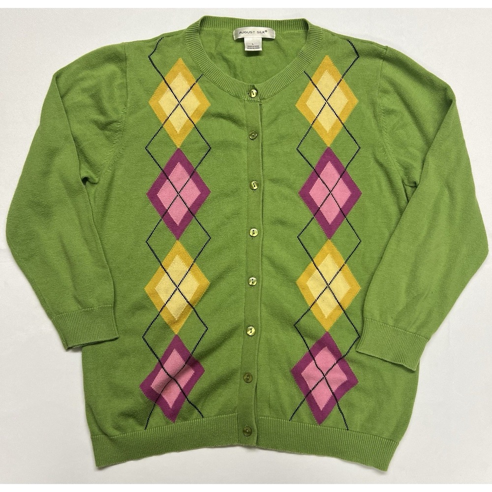 AUGUST SILK Cardigan Sweater Womens Large Green Argyle Knit Button-Up 3/4 Sleeve